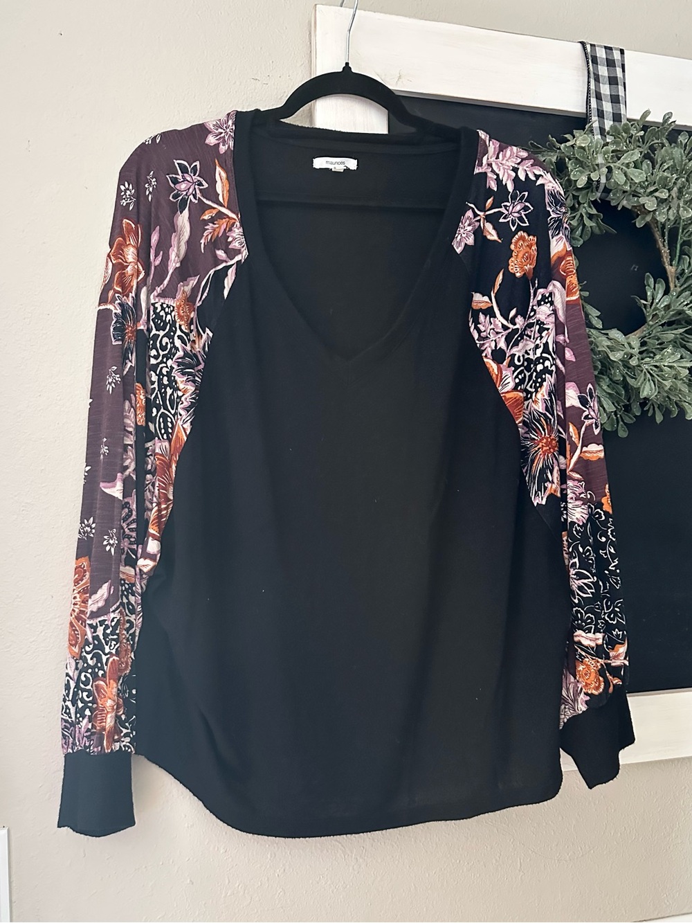 Maurices Black V-Neck Top with Floral Raglan Sleeves